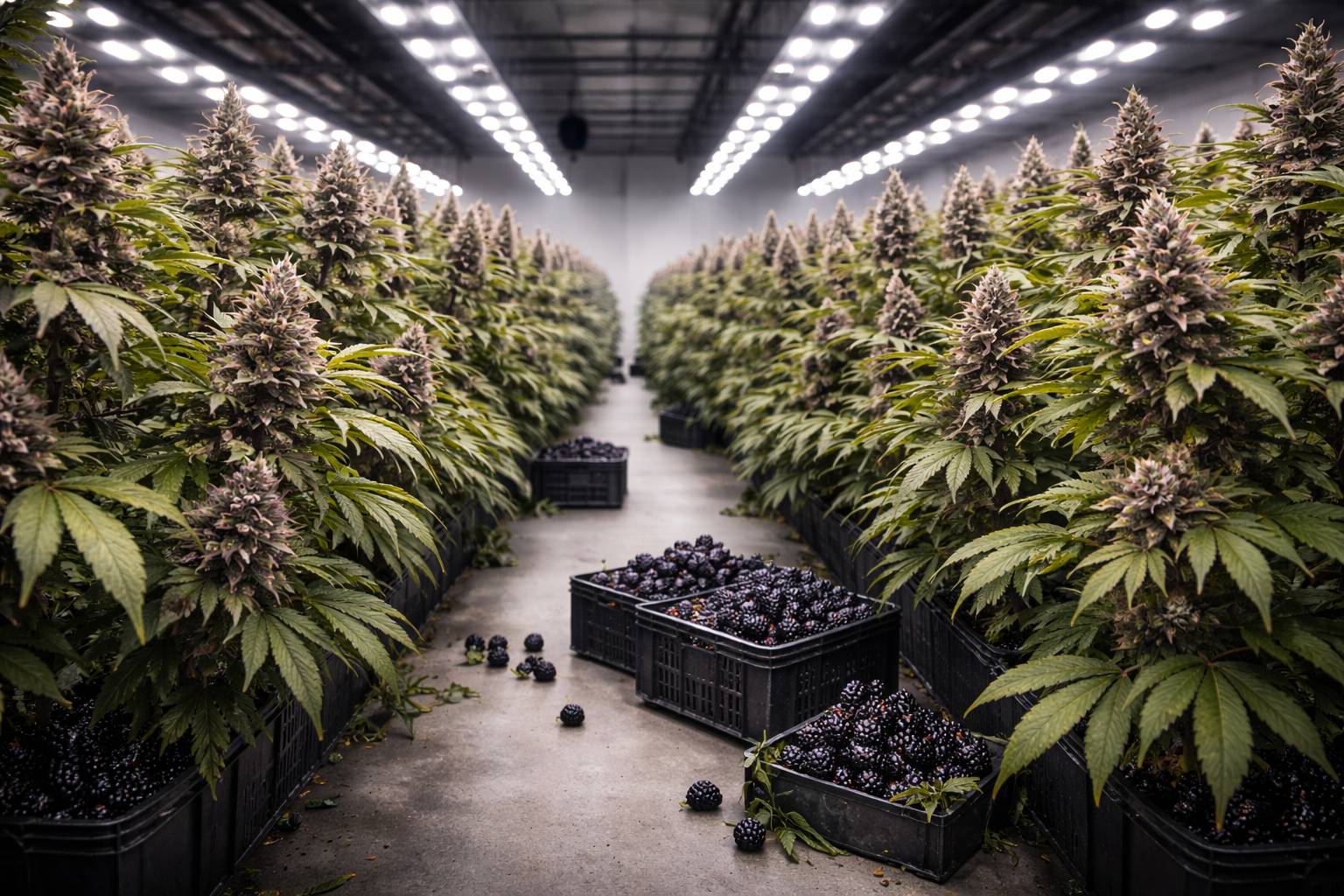 Blackberry Kush CBN+: Indoor-Anbau mit blühenden Cannabispflanzen, davor Kisten voller Brombeeren.