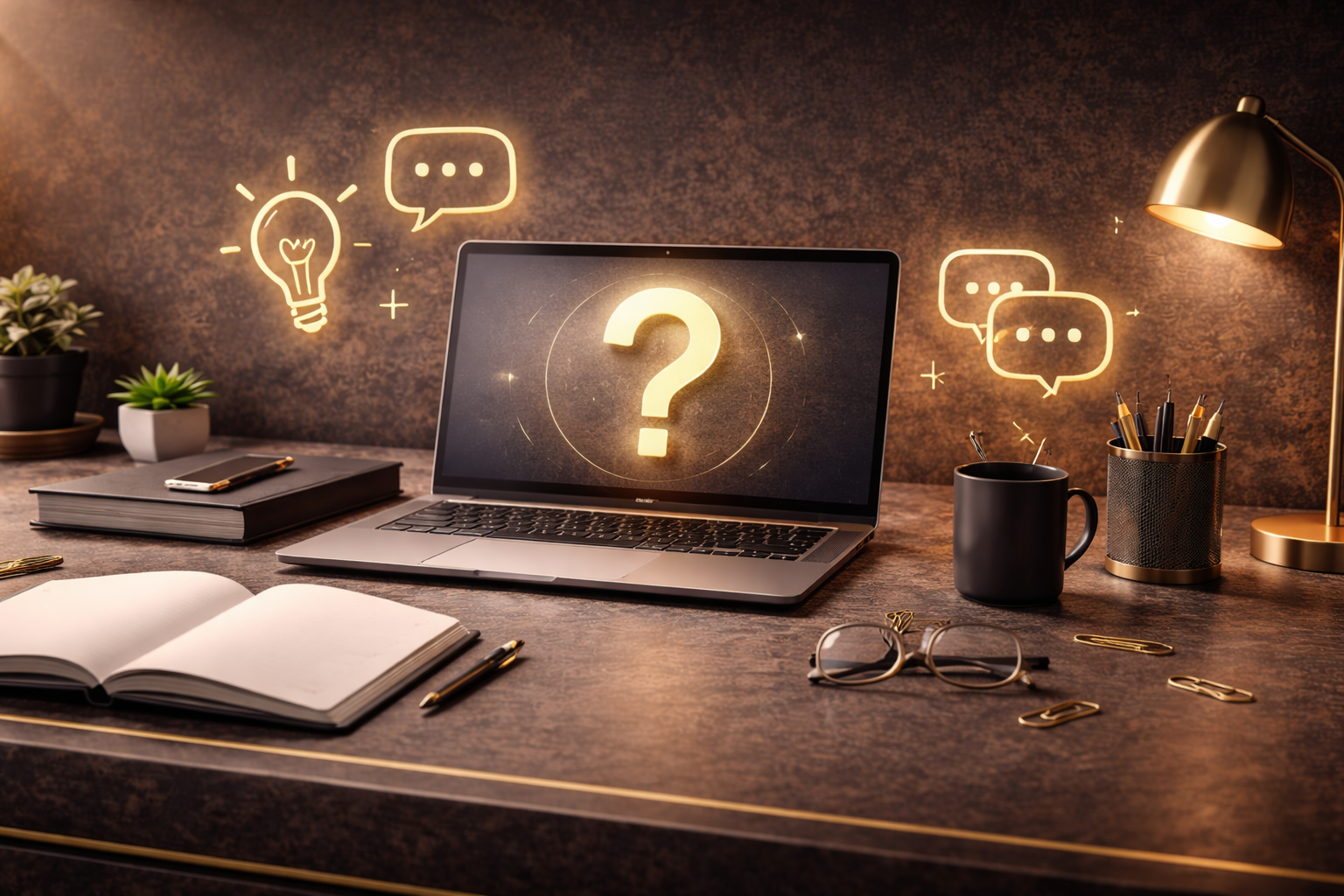 FAQ Symbolbild: Laptop mit Fragezeichen auf dem Bildschirm, dazu Chat- und Glühbirnen-Icons.