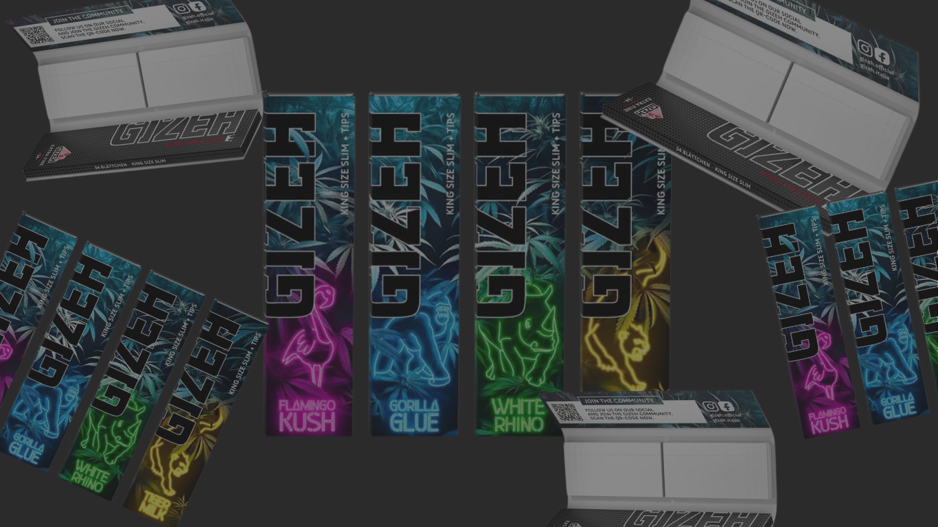 Gizeh King Size Longpapes mit Tips „Wild Edition“ Banner: mehrere Packungen und einzelne Designs in Neonfarben (u. a. Flamingo Kush, Gorilla Glue, White Rhino, Tiger Milk) auf dunkelgrauem Hintergrund, teils offen aufgeklappt, mittig vier Motive nebeneinander.