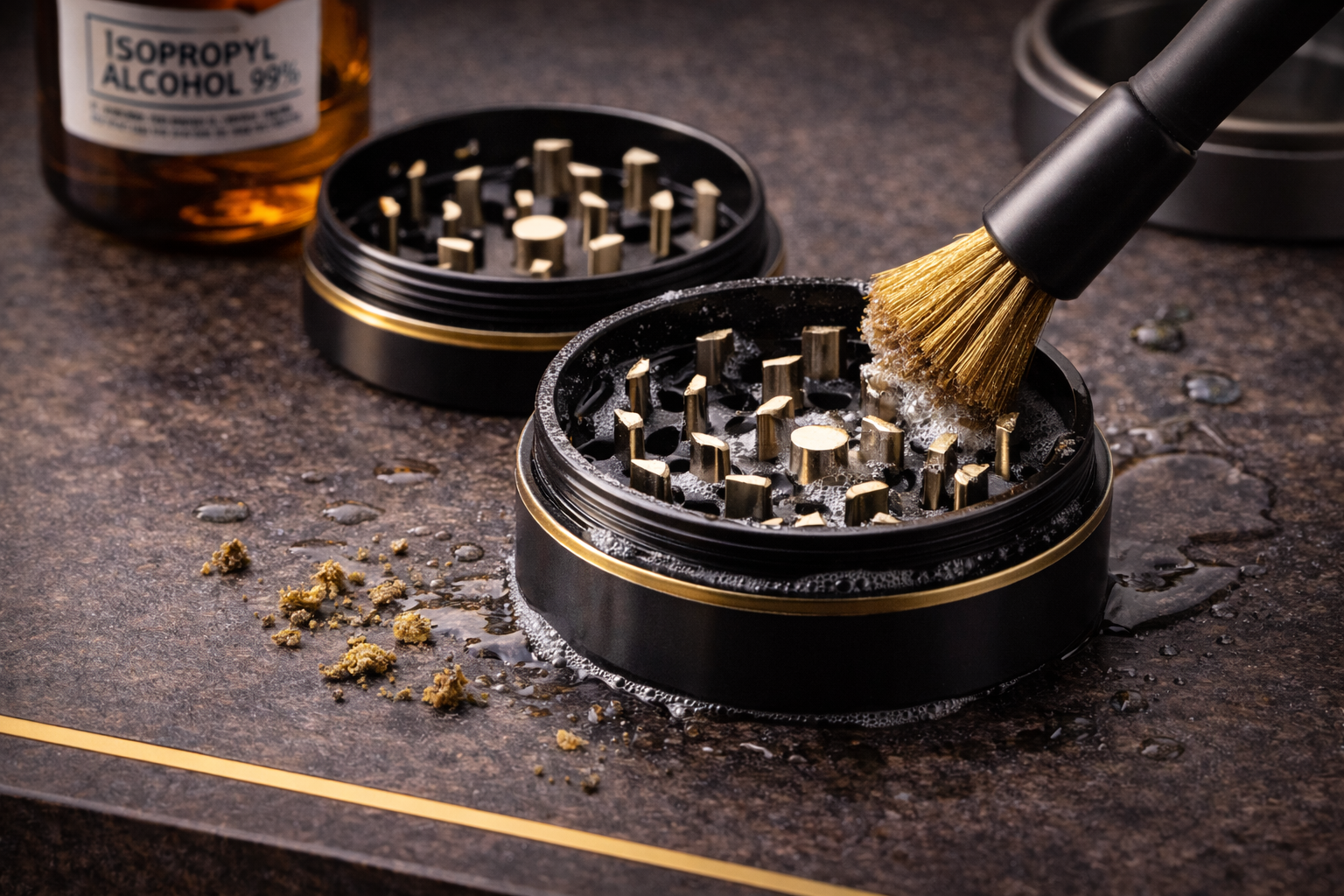 Anleitung zur Grinder-Reinigung: Bürste entfernt Rückstände aus den Zähnen, Isopropylalkohol daneben.