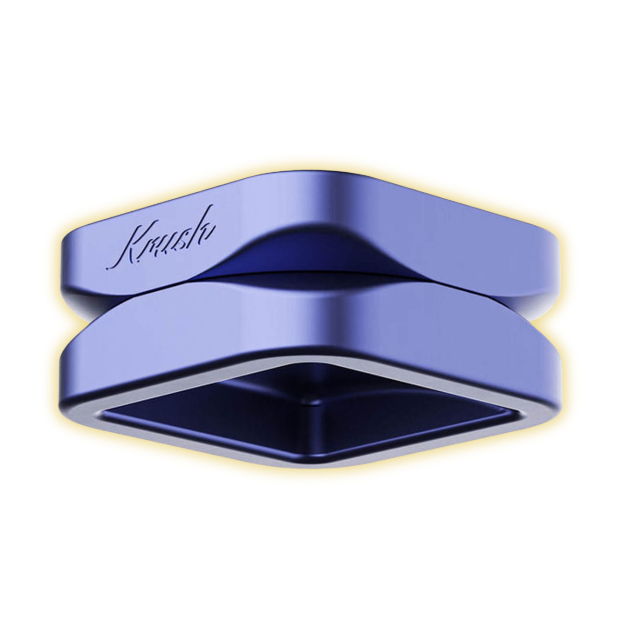 Schwebender Krush Kube 2.0 XL aus blau-lila eloxiertem Metall, Deckel leicht geöffnet über dem Unterteil, freigestellt mit transparenter Fläche und feinem Glow-Rand.