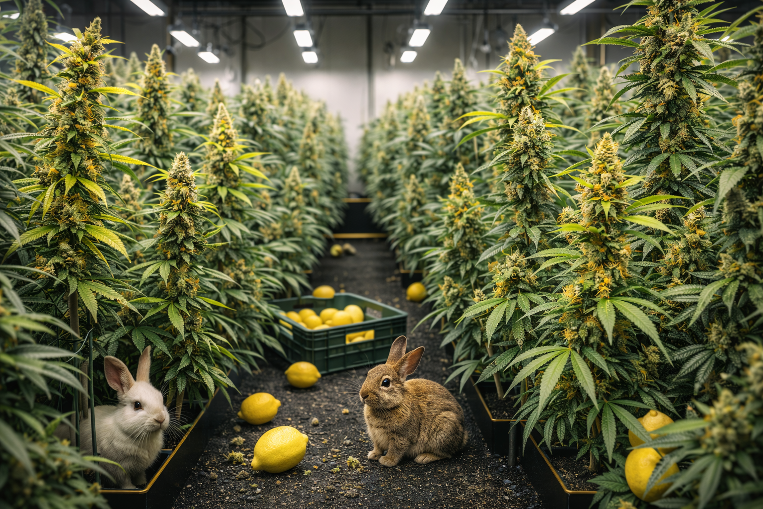 Lemon Haze CBN+: blühende Cannabispflanzen im Indoor-Raum, Zitronen und zwei Kaninchen im Gang.