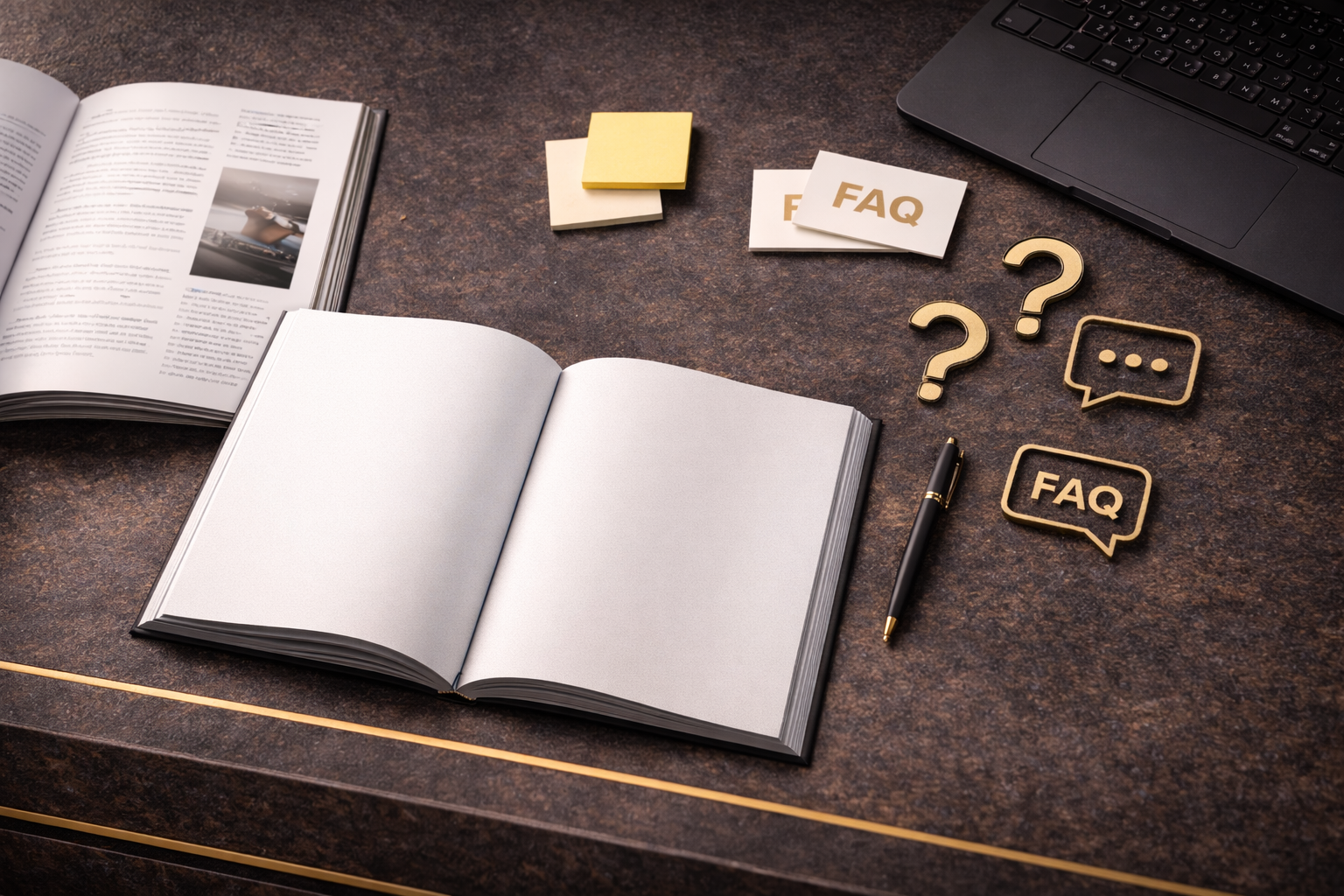 Symbolbild für Magazin & FAQ: offene Notizbücher, „FAQ“-Karten und Fragezeichen auf dem Schreibtisch.