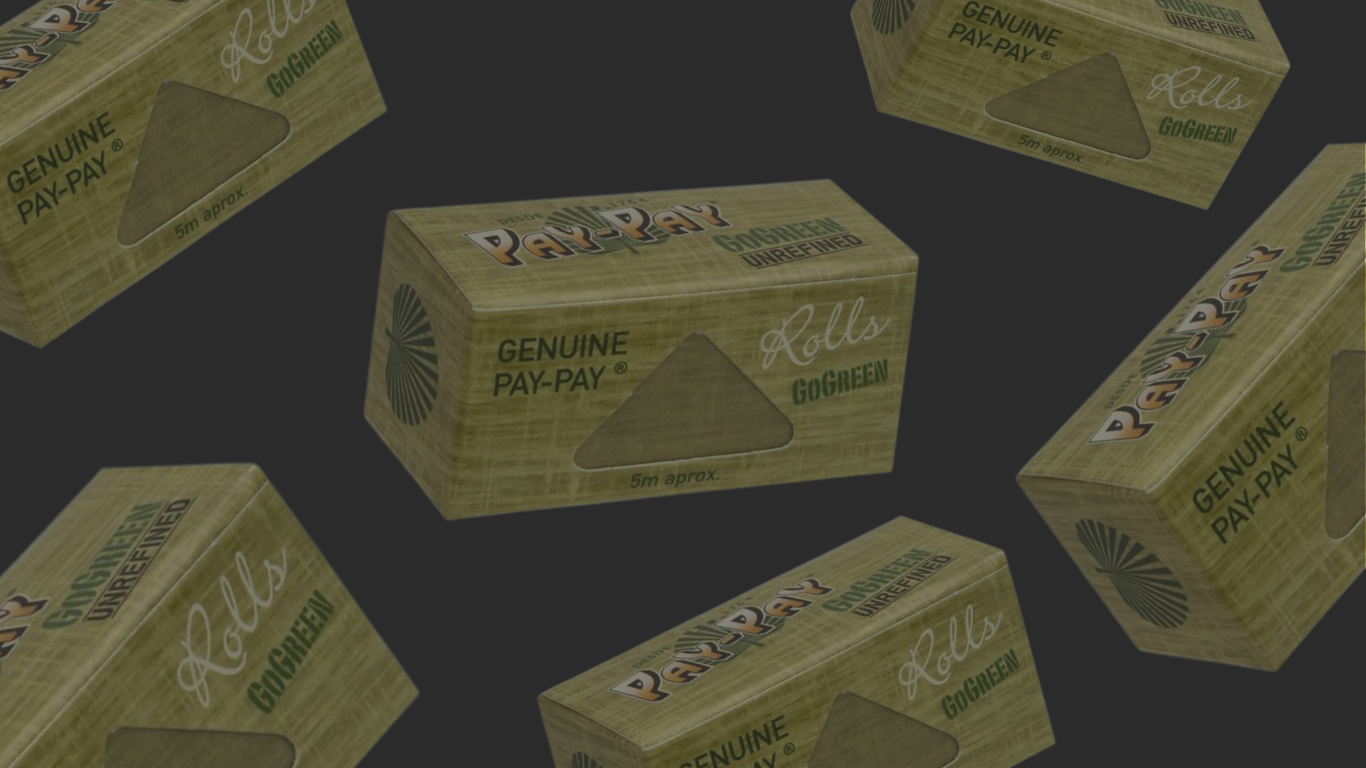 Pay-Pay Rolls GoGreen: Banner mit mehreren Packungen „Genuine Pay-Pay Rolls“ auf dunklem Hintergrund.