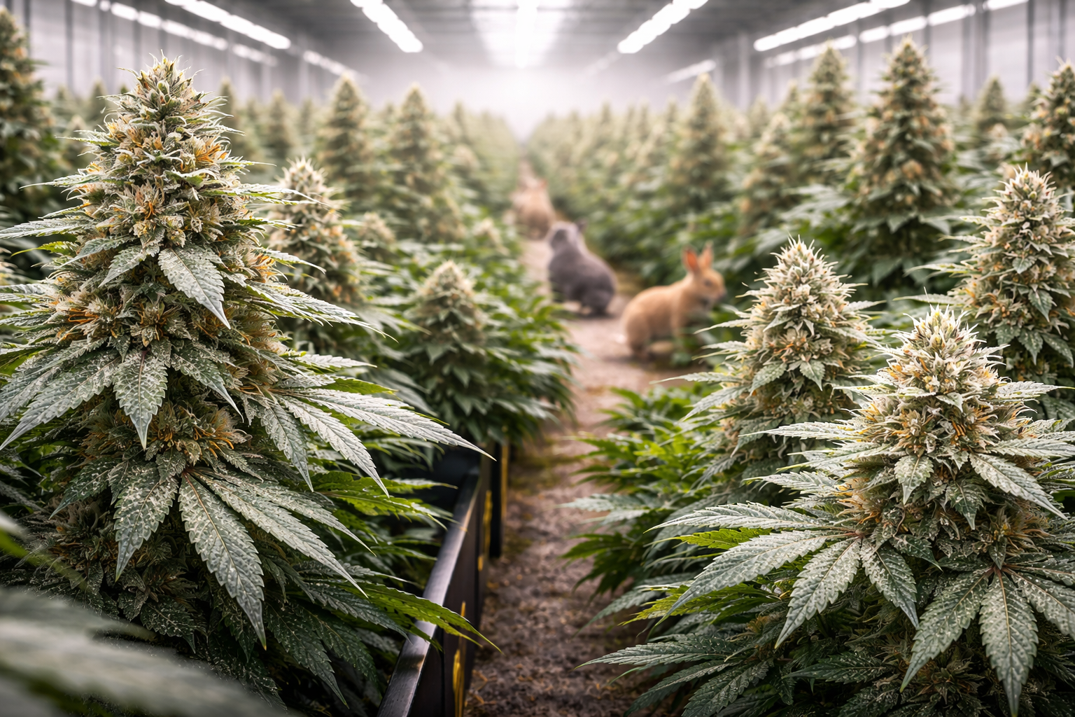 Silver Haze CBN+: blühende Cannabispflanzen im Indoor-Raum, im Gang sitzen zwei Kaninchen.