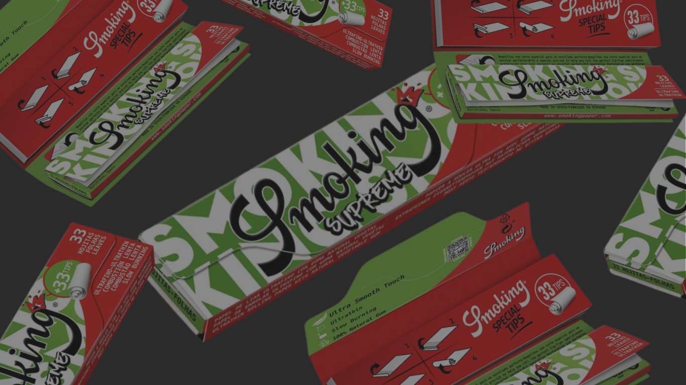 Smoking Supreme King Size Longpapes mit Tips – Packungen/Boxen im Banner-Layout.