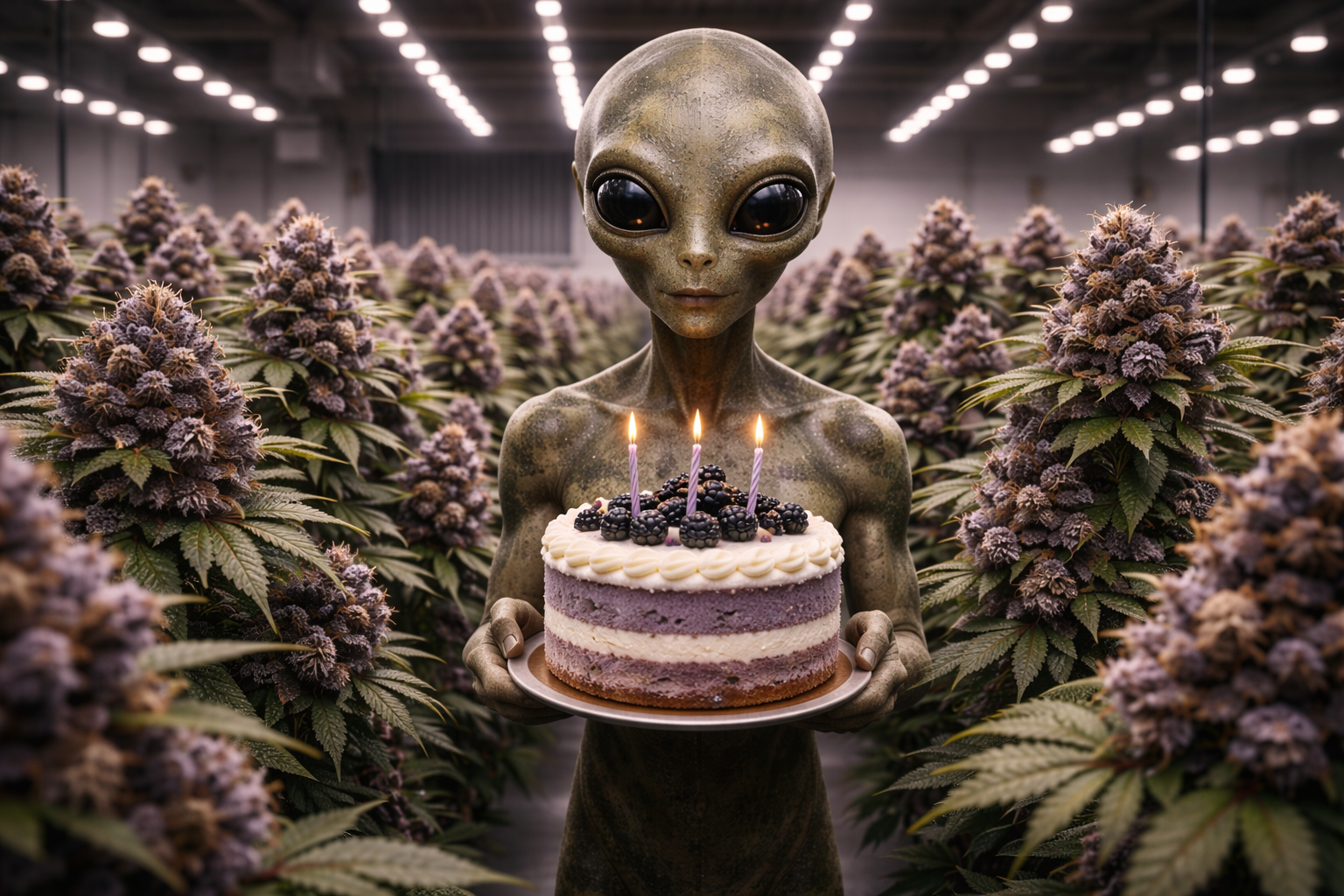 Space Cake CBN+: Alien-Figur mit Beerenkuchen und Kerzen, umgeben von blühenden Cannabispflanzen.
